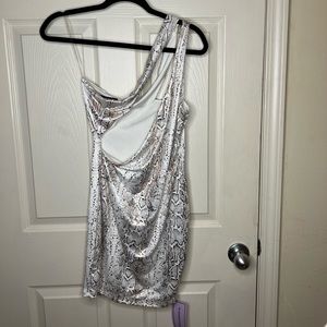 White, silver and gold snake skin cut out dress